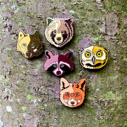 Forest Friends - Set of Five Pins by Barry Hutzel - Epoxied Soft Enamel Limited Edition Pins